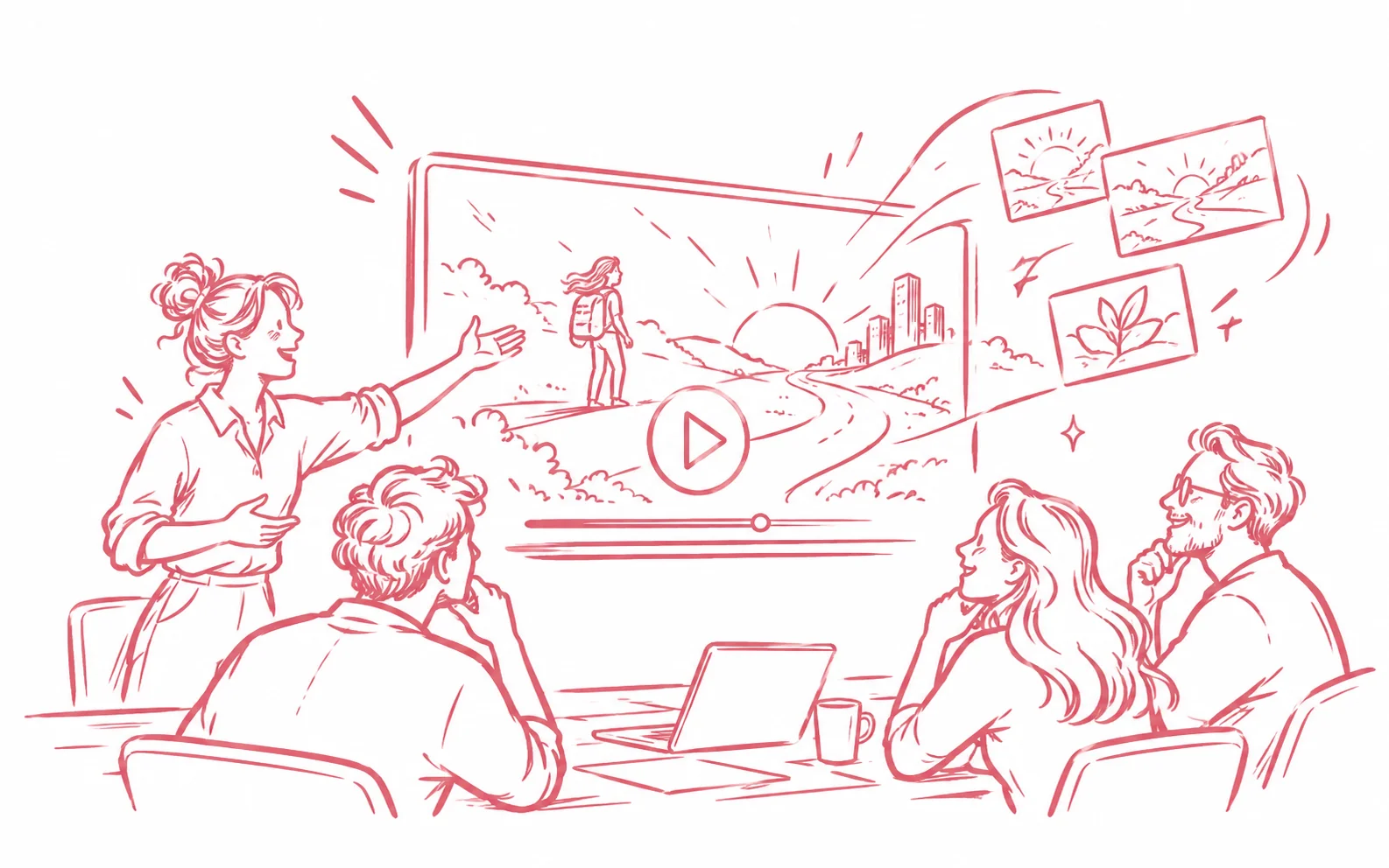 Eine Agenturmitarbeiterin präsentiert eine Videoidee und ausgewählte Motive vor einem kleinen Team.