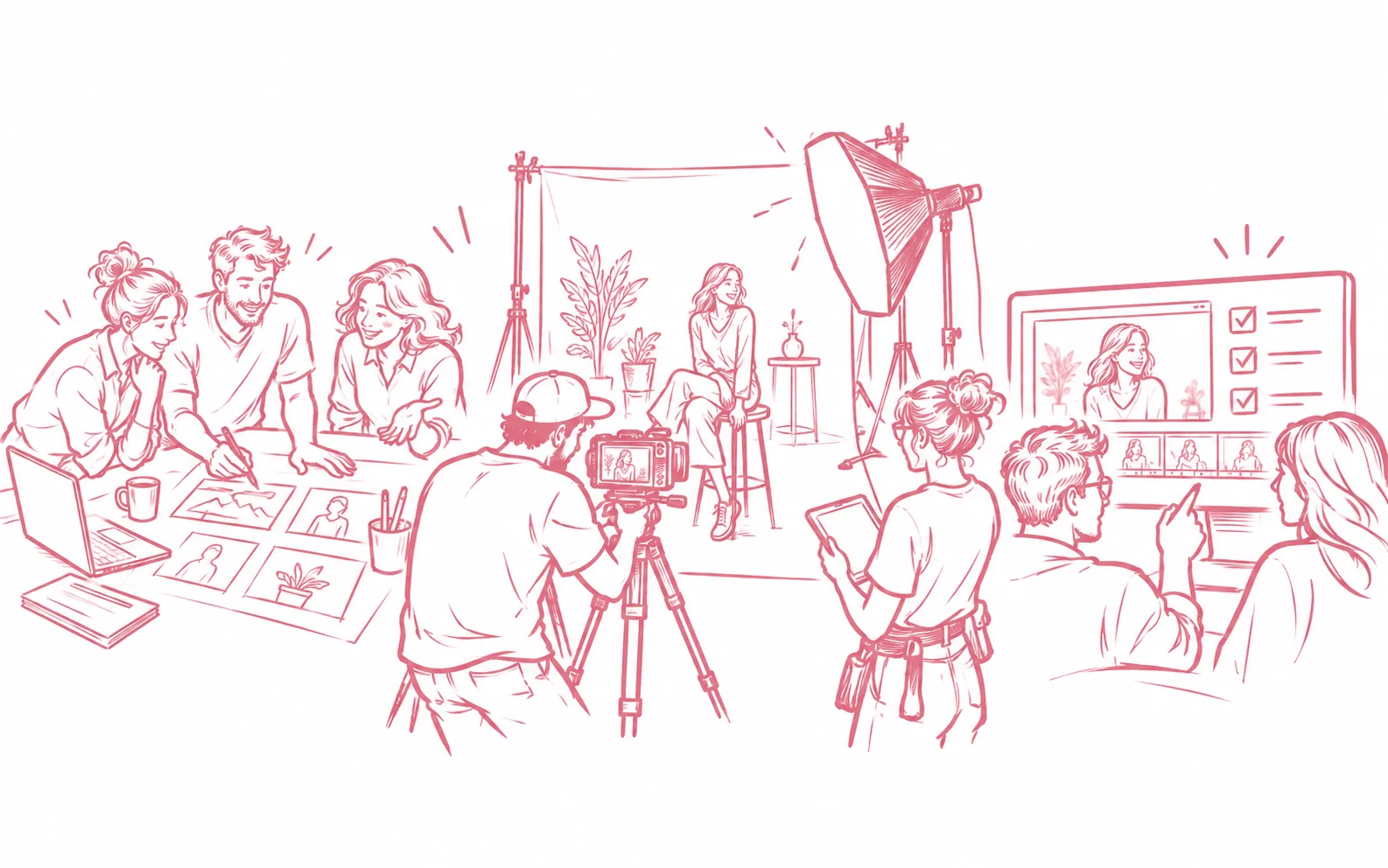 Eine Agentur plant Storyboards, führt einen Interviewdreh durch und prüft die fertigen Aufnahmen gemeinsam.