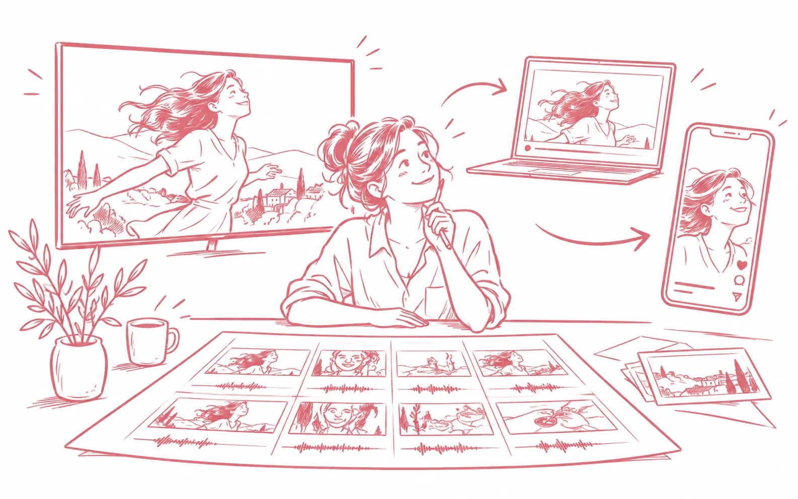 Eine Planerin entwickelt aus einem Storyboard passende Fassungen eines Werbespots für Fernseher, Laptop und Smartphone.