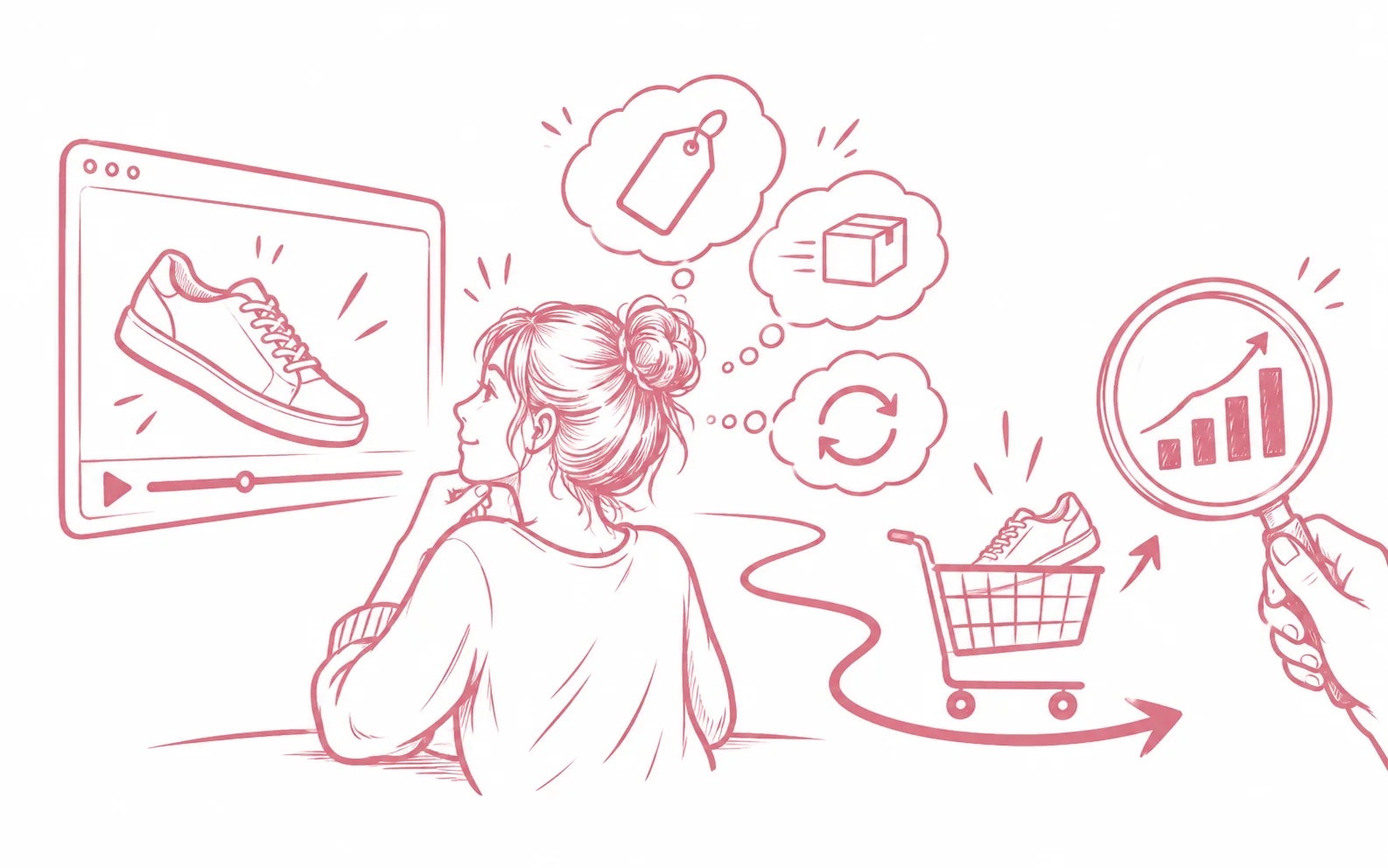Eine Käuferin prüft Preis, Lieferung und Rückgabe nach einem Produktvideo; der Kaufweg wird ausgewertet.