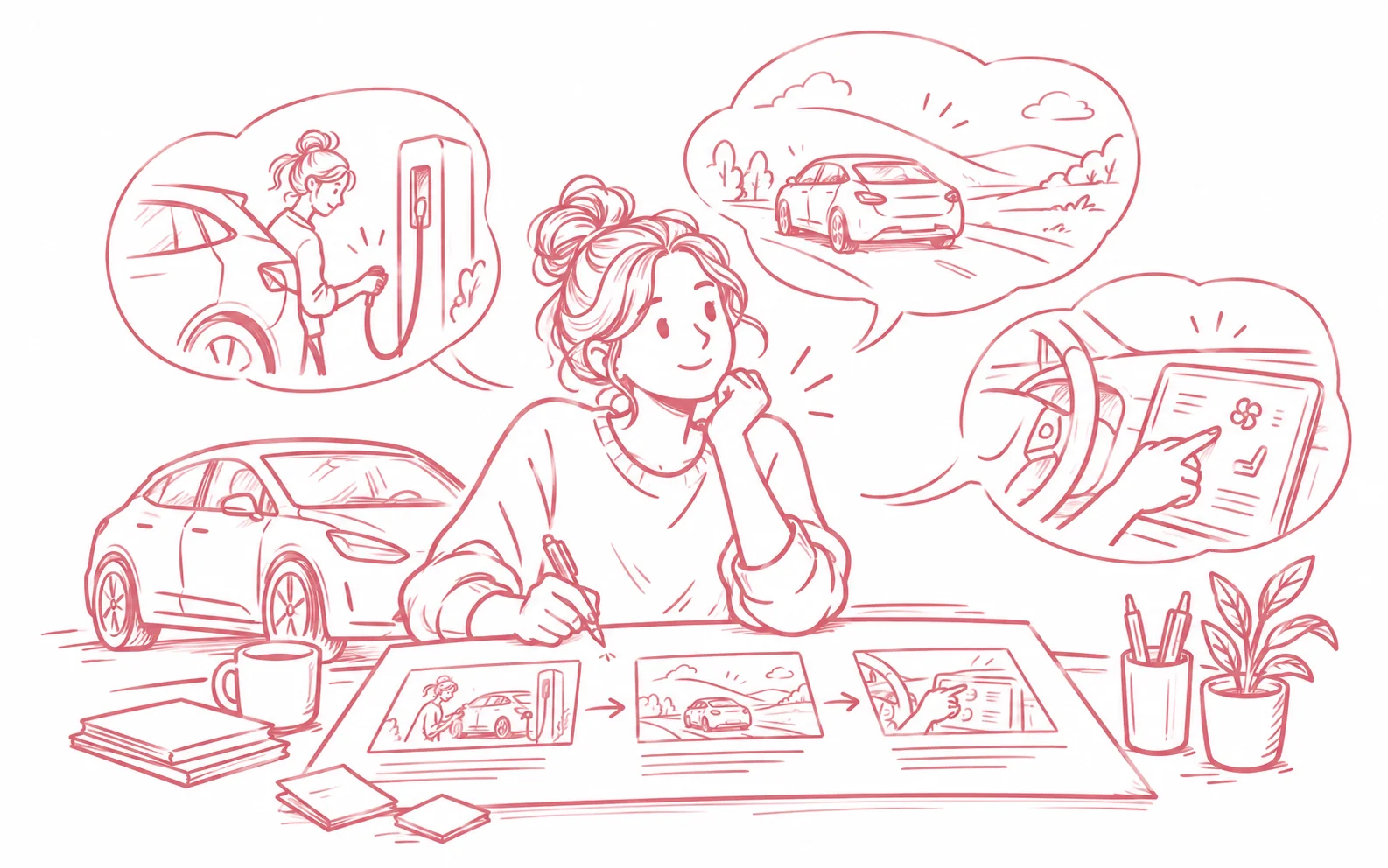 Ein Storyboard für Elektroauto-Videos zeigt Laden, Fahren und Bedienelemente.