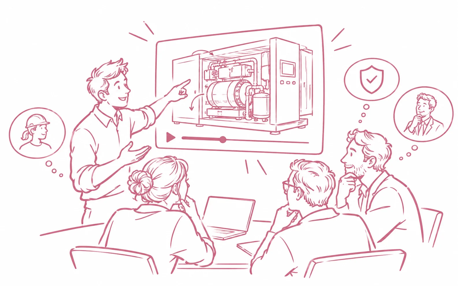 Ein Präsentator erklärt drei Entscheidern eine aufgeschnittene Industriemaschine in einem Video.