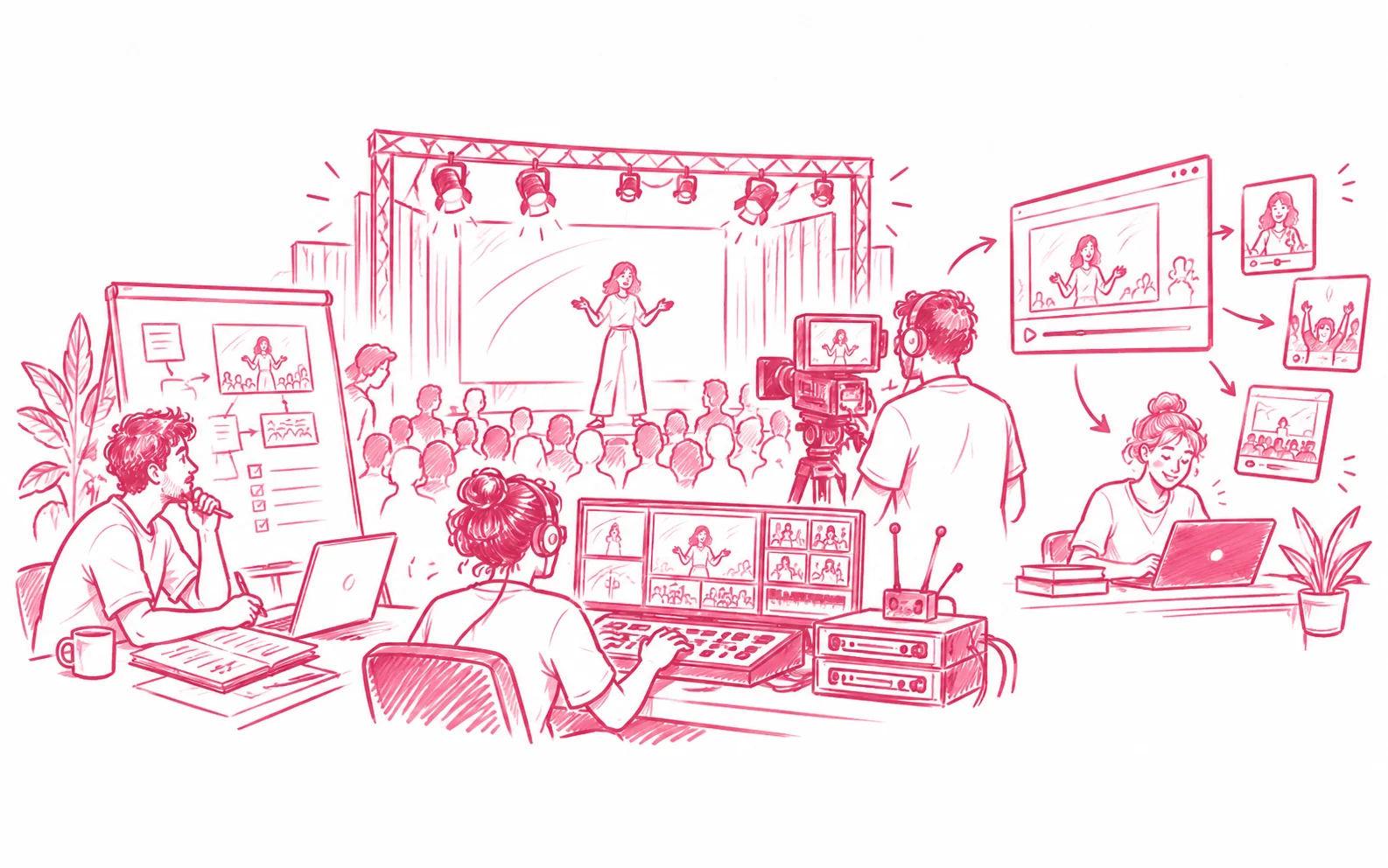 Eine Veranstaltung wird mit Kameras und Regie aufgenommen und anschließend für mehrere Videoformate aufbereitet.