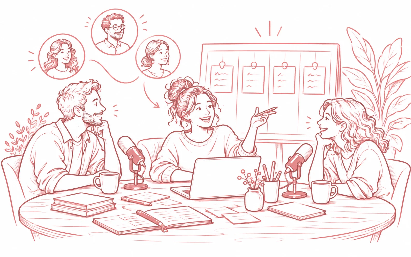 Ein Podcastteam bespricht Gästeauswahl und Aufnahmetermine am Tisch mit Mikrofonen.
