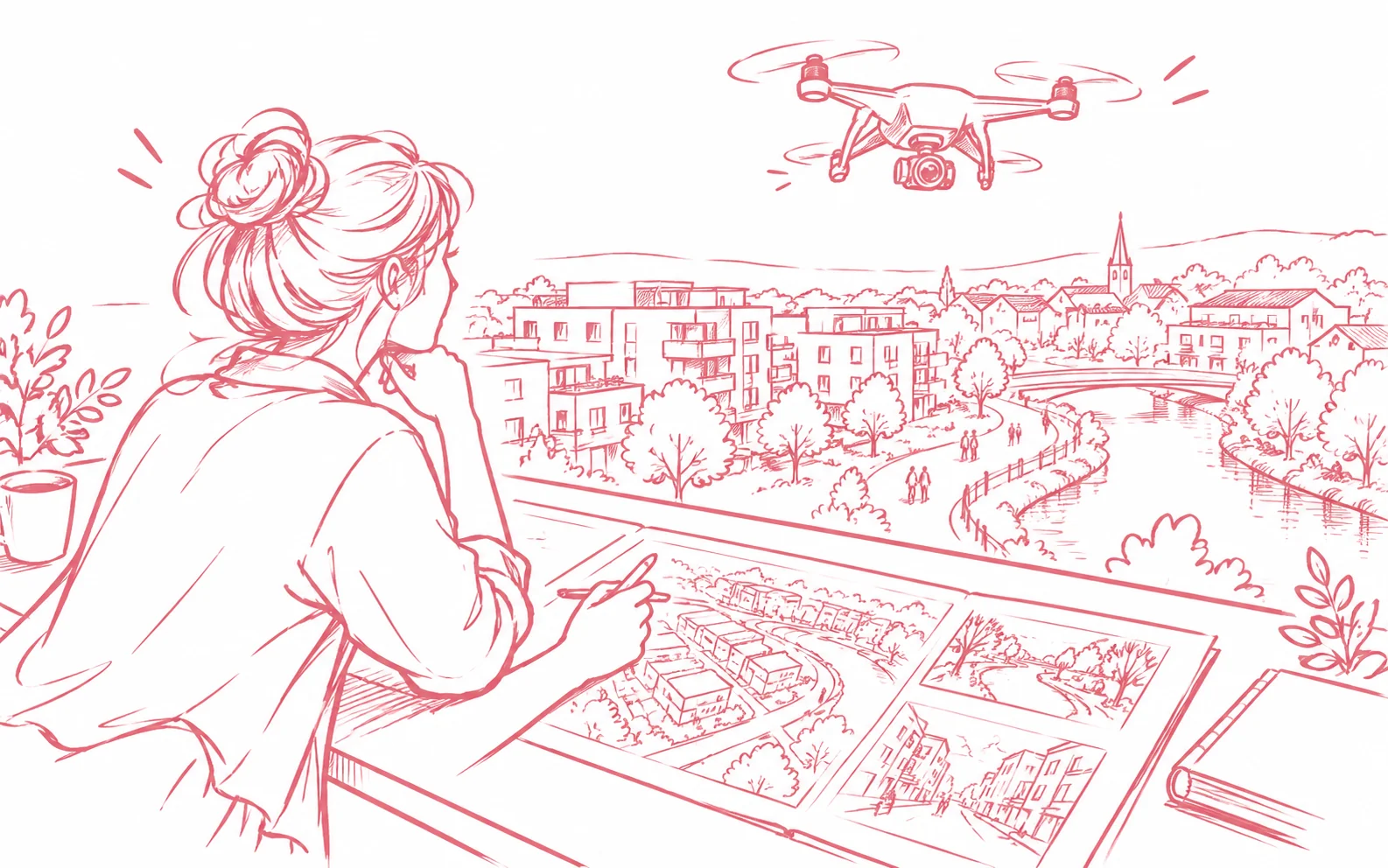 Eine Planerin betrachtet ein Wohnquartier mit Flussufer und Drohne sowie ausgewählte Ansichten auf einem Storyboard.