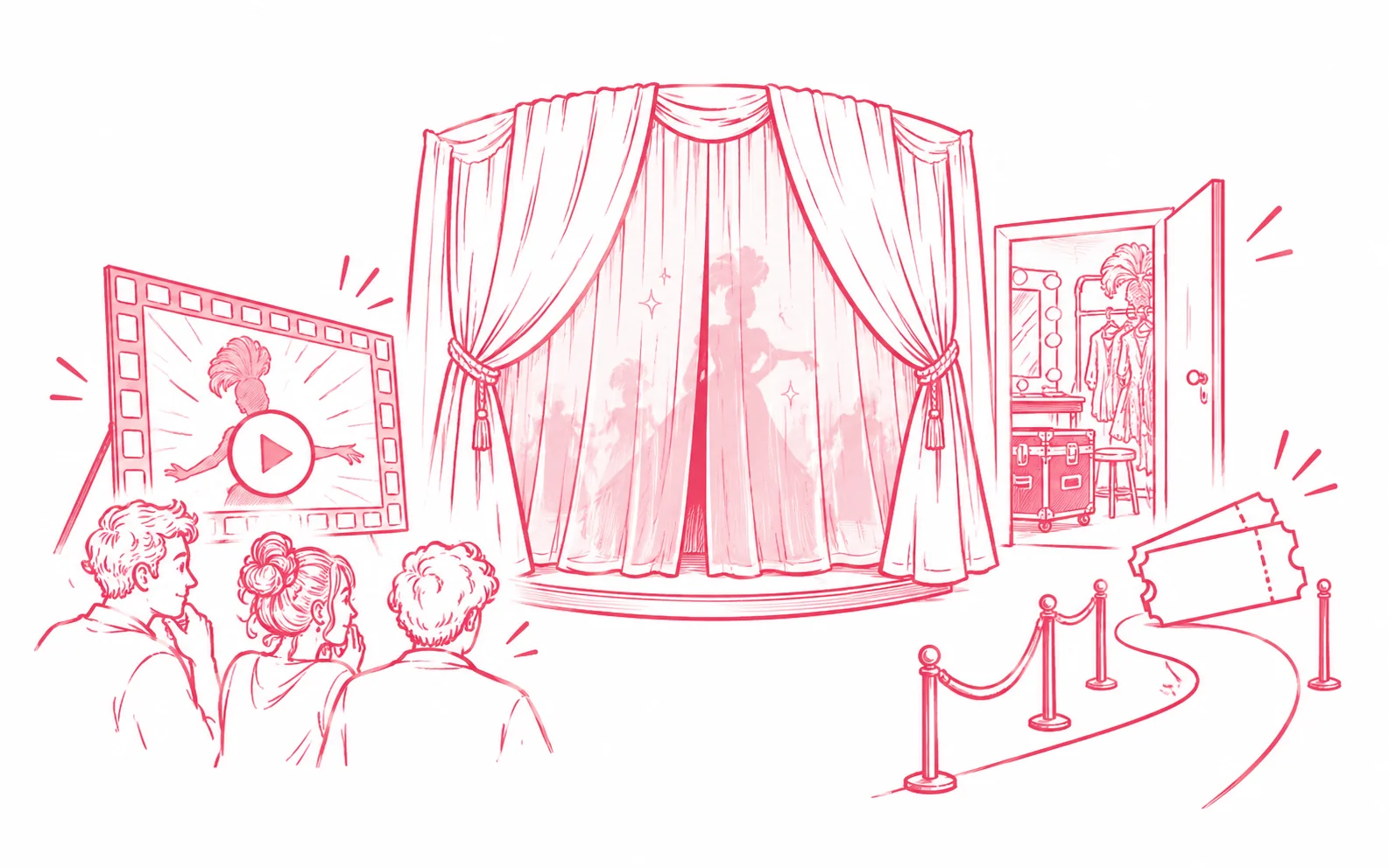 Ein geschlossener Bühnenvorhang bewahrt die Überraschung, während Trailer, Backstage-Einblick und Tickets auf die Show hinweisen.