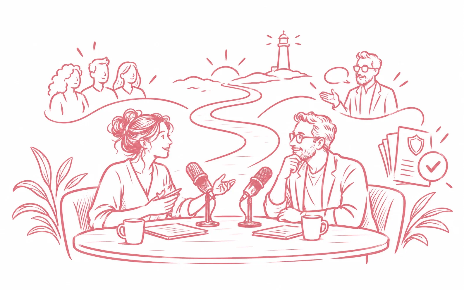 Zwei Fachleute sprechen im Podcast über Versicherungsfragen; ein Leuchtturm steht für Orientierung.