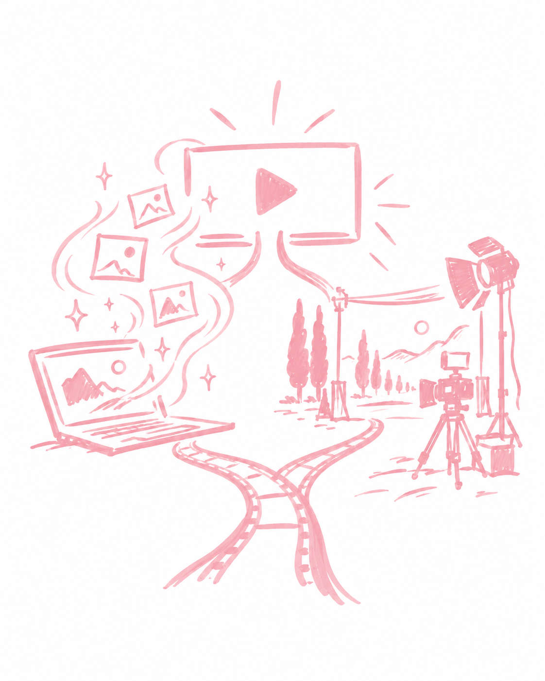 Eigenständige rosa Strichzeichnung zum Thema KI-Videoproduktion.
