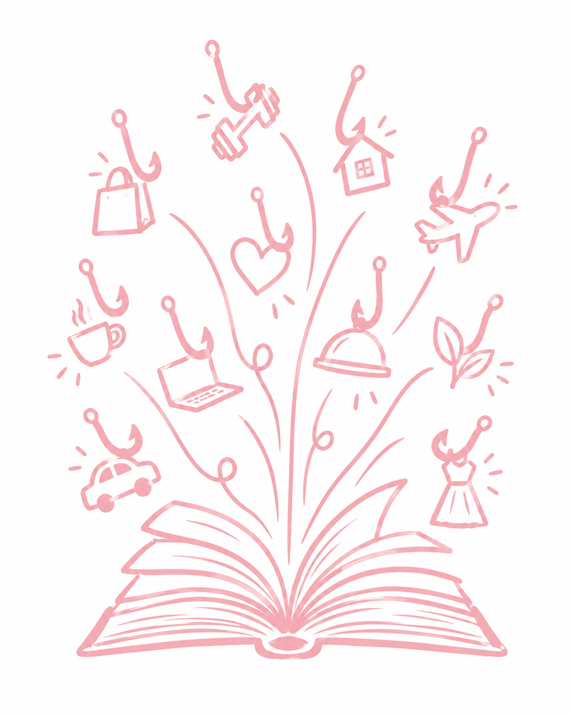 Eigenständige rosa Strichzeichnung zum Thema Hook Bibliothek.