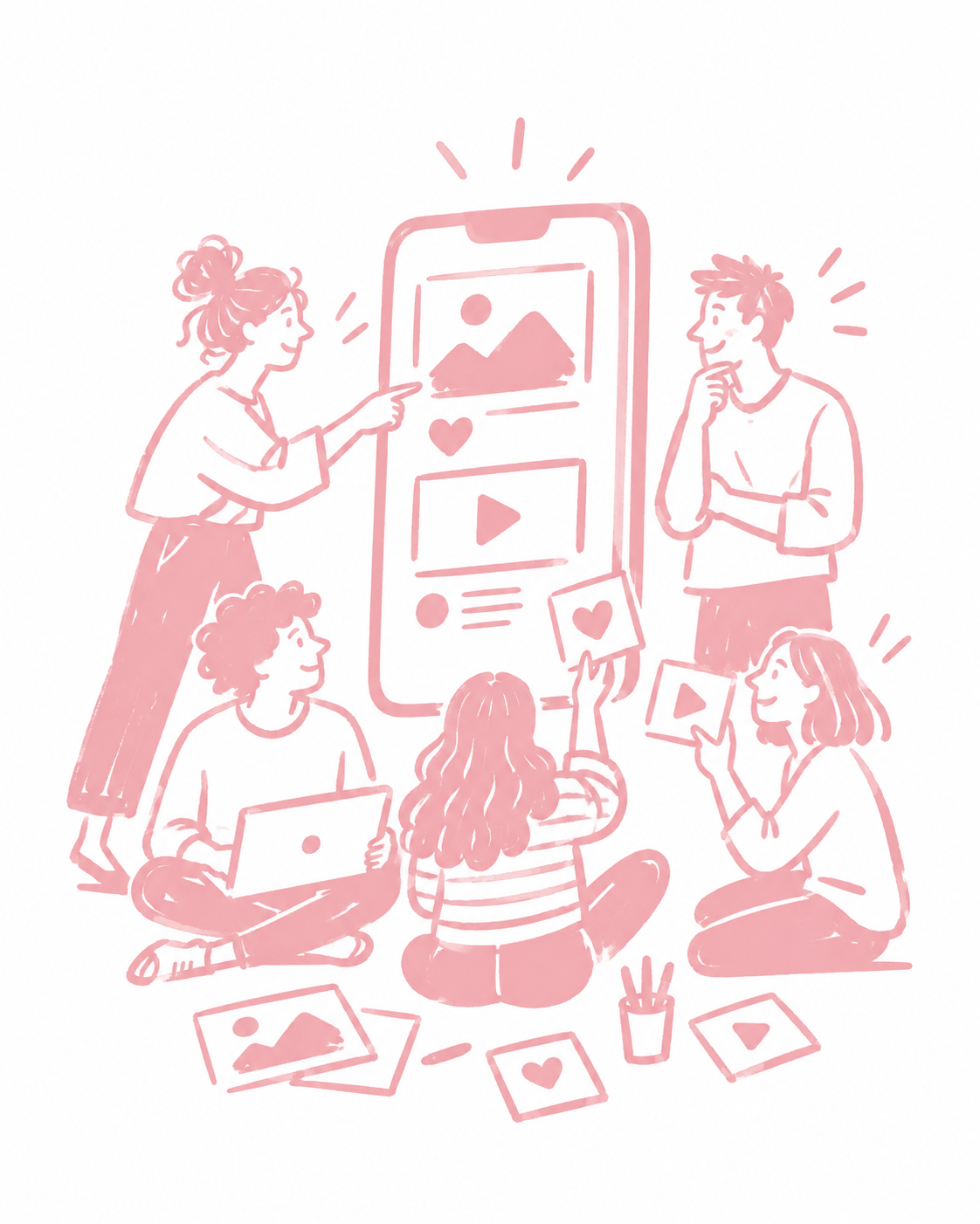 Eigenständige rosa Strichzeichnung zum Thema Social-Media-Workshop fürs Team.