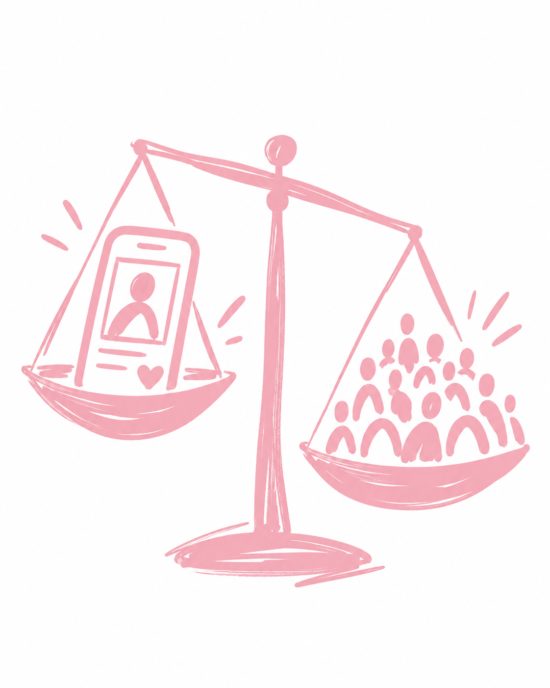Eigenständige rosa Strichzeichnung zum Thema UGC vs. Influencer.
