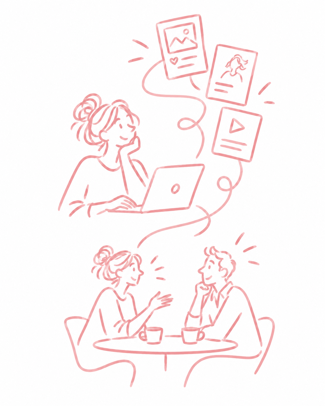 Eigenständige rosa Strichzeichnung zum Thema Was ist Social Selling? Wie aus Content Kundengespräche werden.