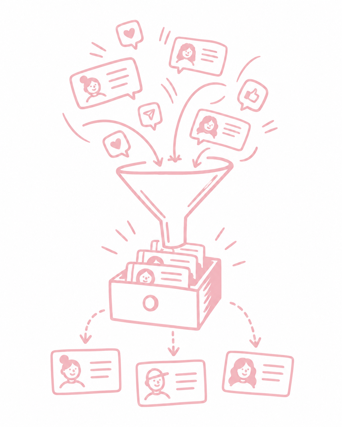 Eigenständige rosa Strichzeichnung zum Thema CRM für Content-Leads.